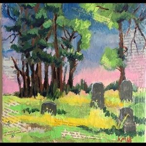 Acrylic & handmade paper painting of a cemetery